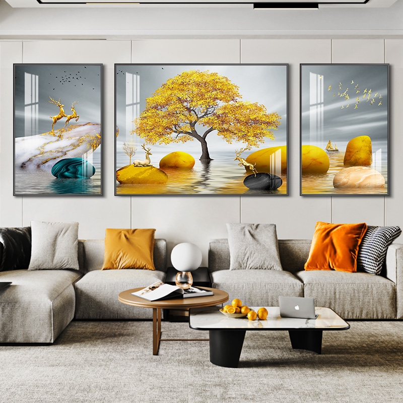 升级版-客厅三联画-【石头和树】晶瓷镶钻画客厅沙发背景墙装饰画