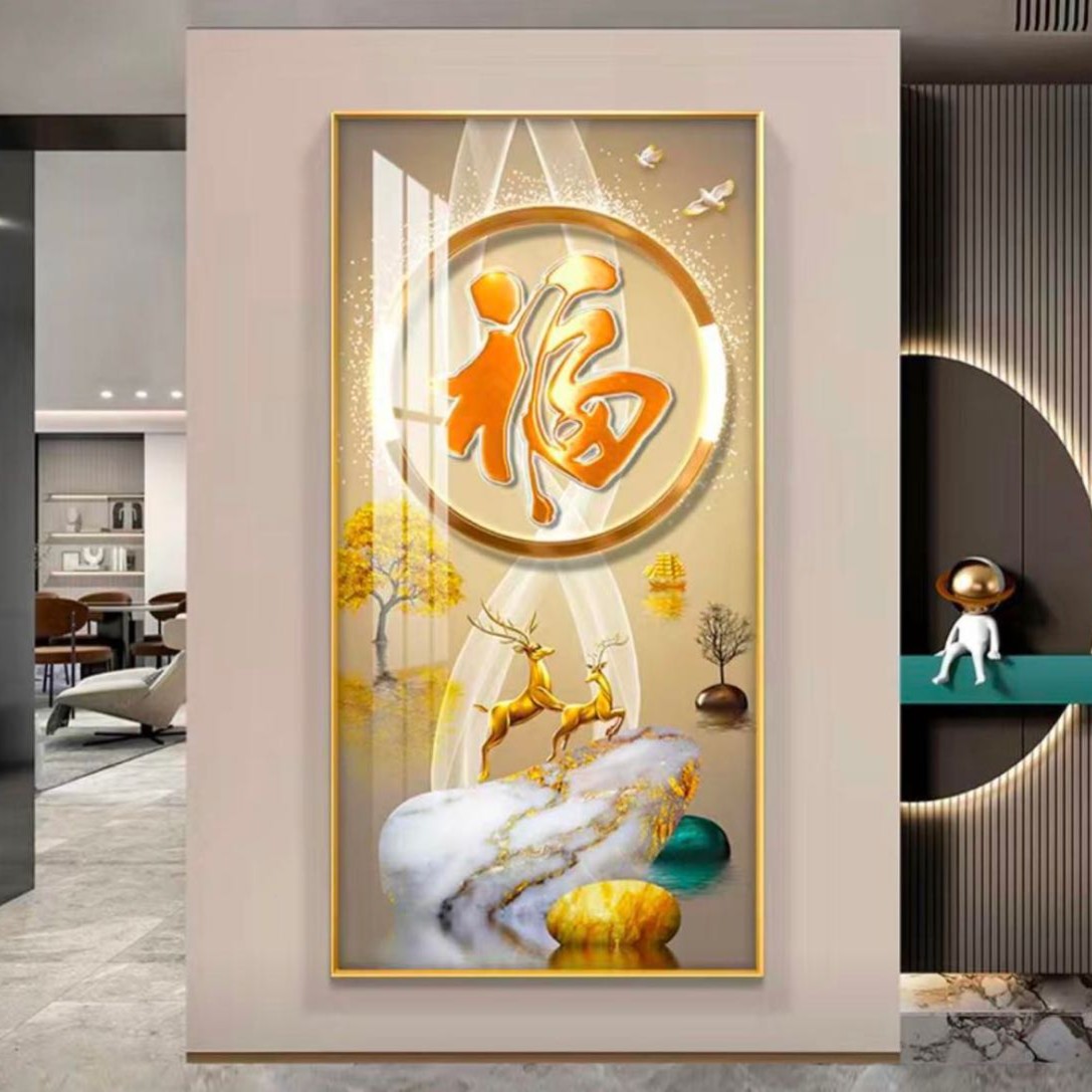 升级版-玄关画-【金鹿送福】轻奢晶瓷镶钻画玄关画走廊装饰画