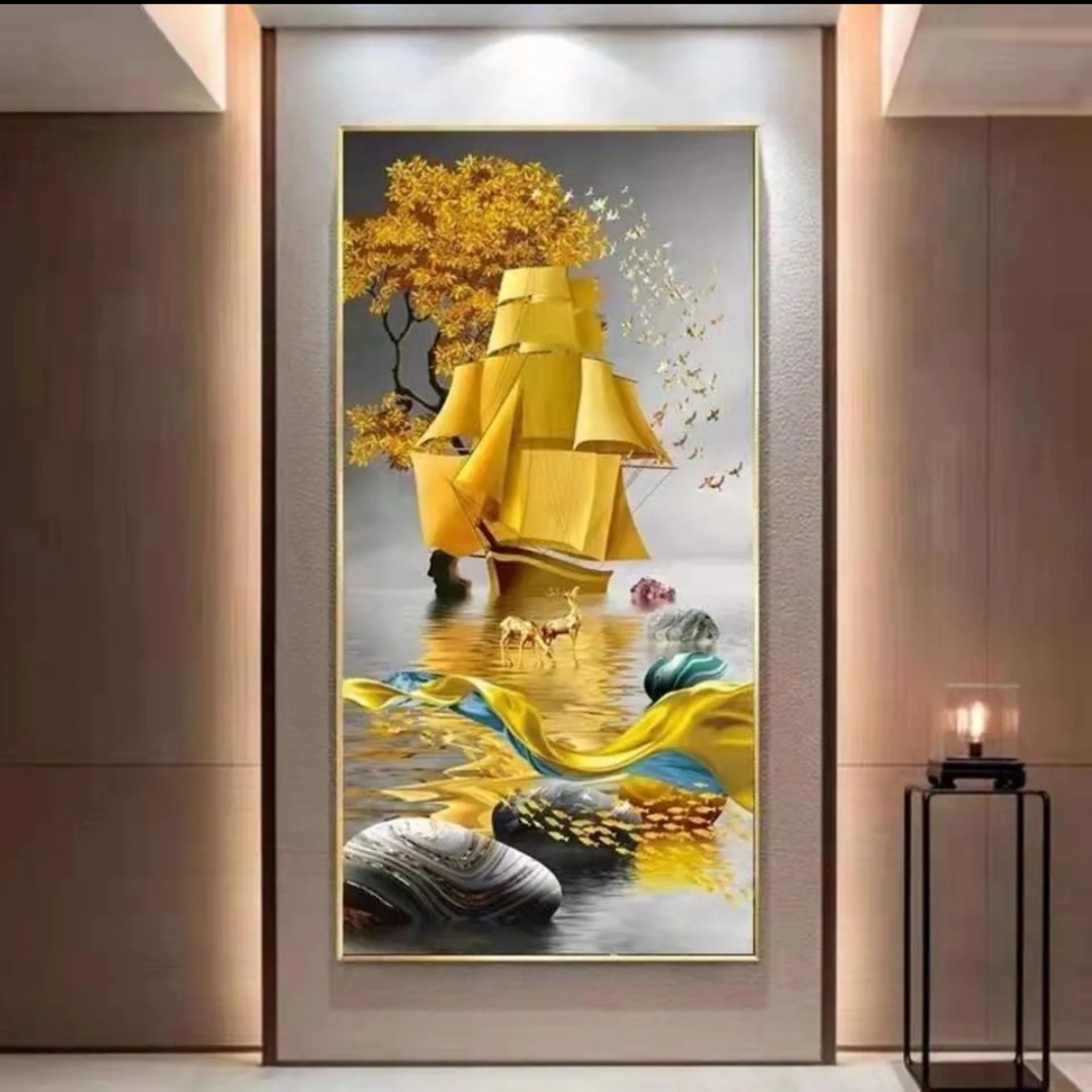 升级版-玄关画-【一帆风顺】晶瓷画晶瓷镶钻画玄关画走廊装饰画