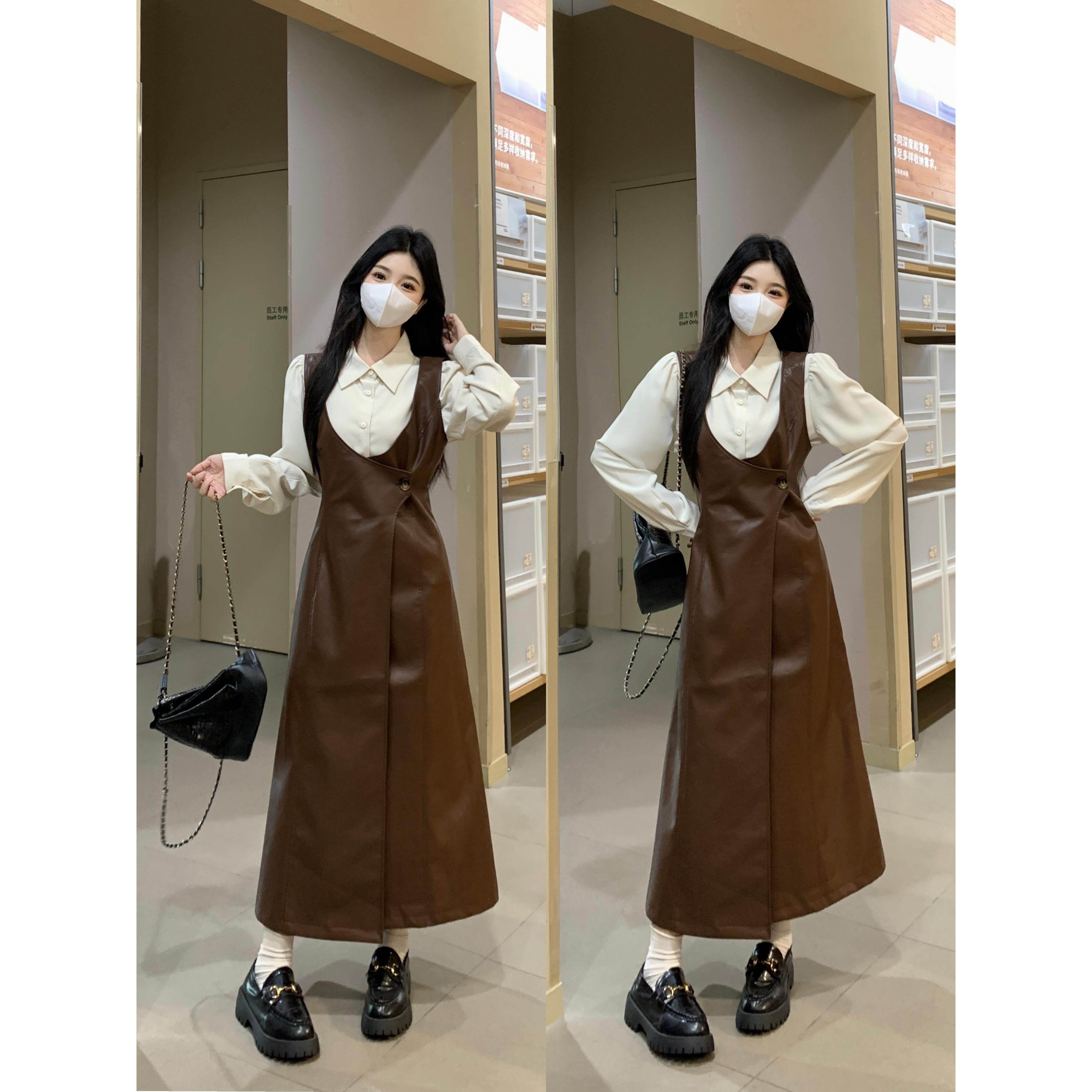 大码丝滑摩卡棕皮裙背心连衣裙女打底衫秋冬美拉德裙6860学院风无