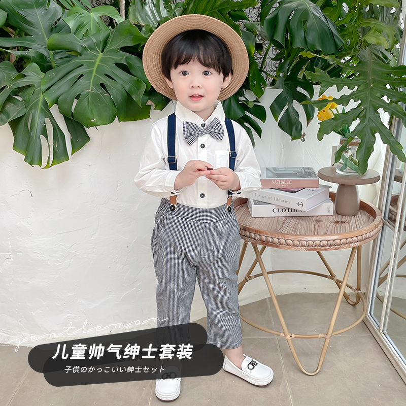 儿童西装套装男童衬衫背带裤套装春秋宝宝抓周英伦花童西服休闲潮