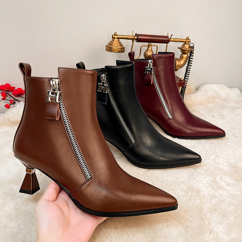 牛皮 5厘米 2023年秋冬季加厚保暖粗跟尖头真皮短靴s264