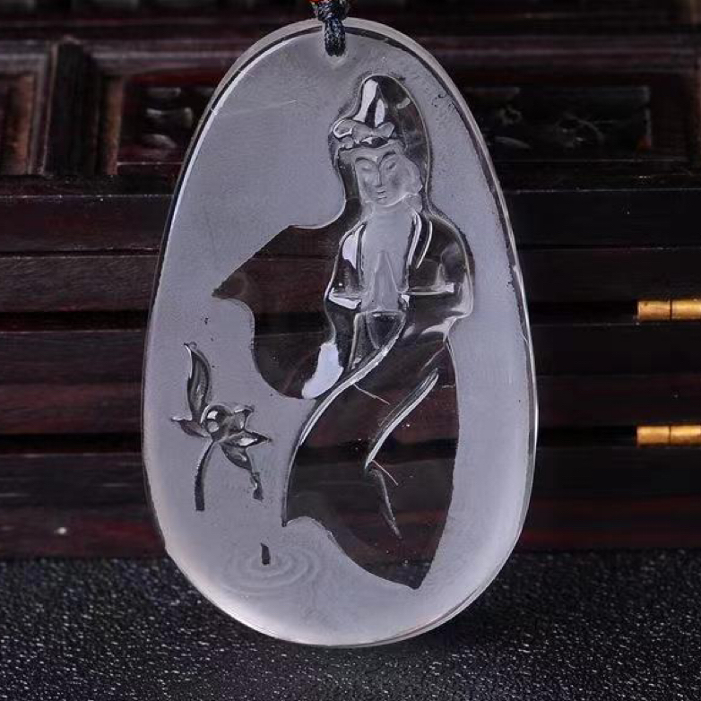 天然白水晶观音吊坠男女款莲花观世音菩萨发晶平安无事挂件项链坠
