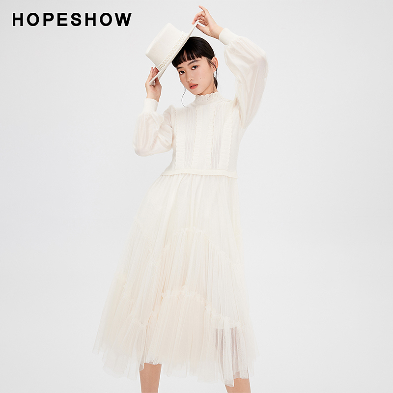 红袖冬季2023新款女装 法式复古高腰半高领套头连衣裙89123421608