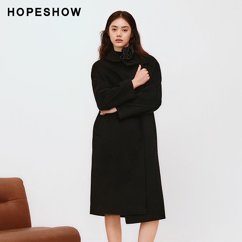 红袖冬季新款女装 纯色双排扣翻领中长大衣89123430823