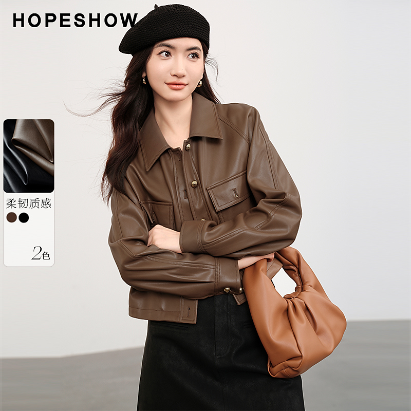 红袖春季2025新款女装 插肩单排扣翻领皮外套90124030401