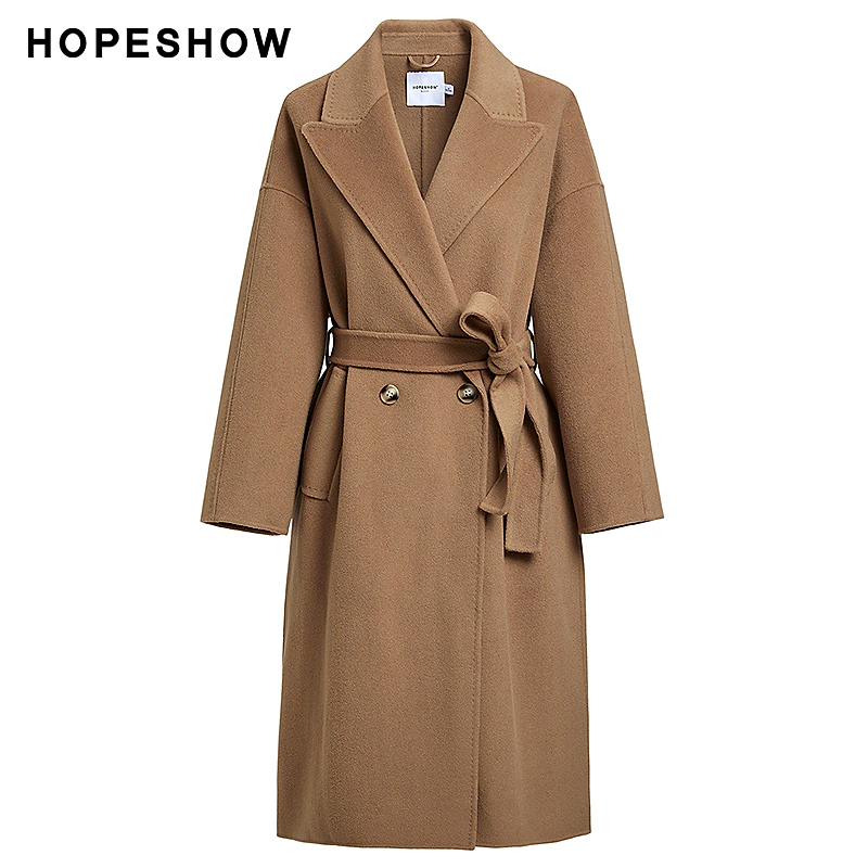 红袖冬季2023新款女装 系带双排扣翻领双面呢长大衣89423370803