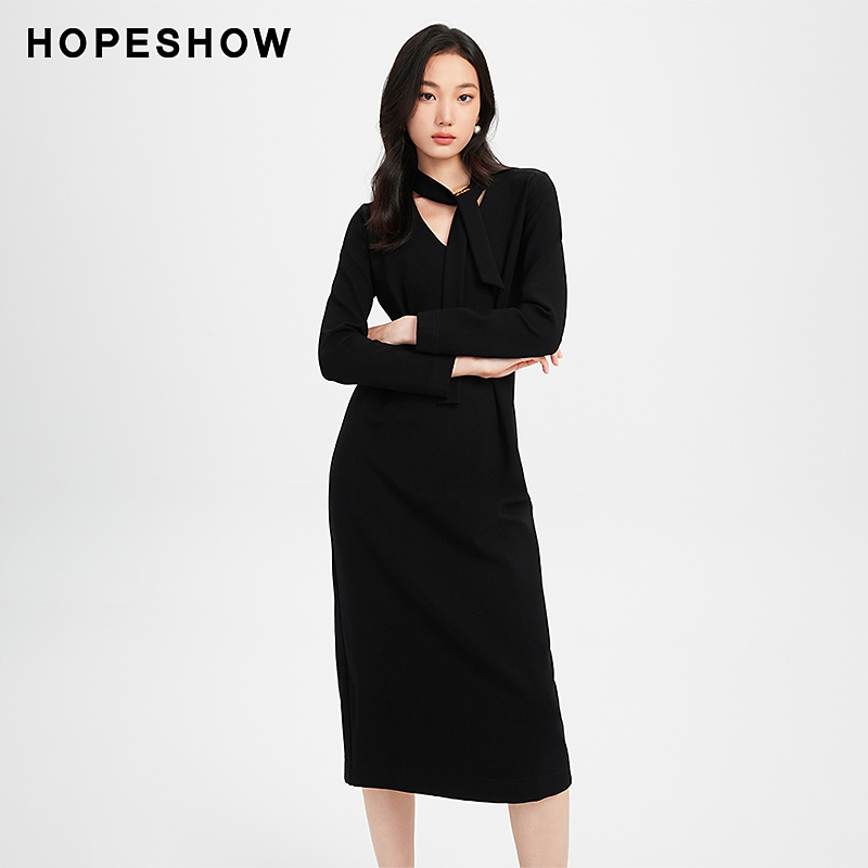 红袖冬季2023新款女装 收腰飘带V领套头连衣裙89223381602