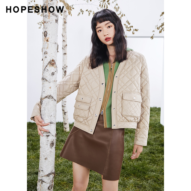 红袖秋季2022新款女装 菱形格单排扣V领羽绒服89122330905小香风