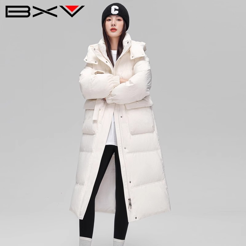 BXV羽绒服女长款过膝2025冬季新款加厚保暖可拆卸帽子白鸭绒外套