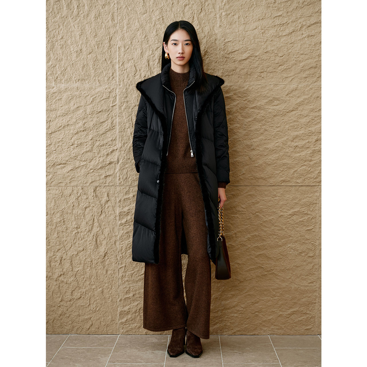 INSUN恩裳专选2024冬季水貂毛边绗缝中长款羽绒服9C64508770