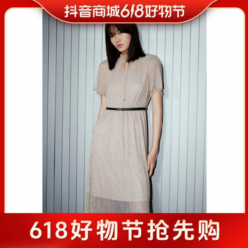 COVER夏透气双褶亮丝连衣裙密边小波浪柔美裙子CC33205026