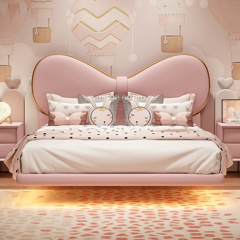 梦幻粉色网红悬浮儿童床女孩公主床卡通可爱蝴蝶结轻奢悬浮真皮床