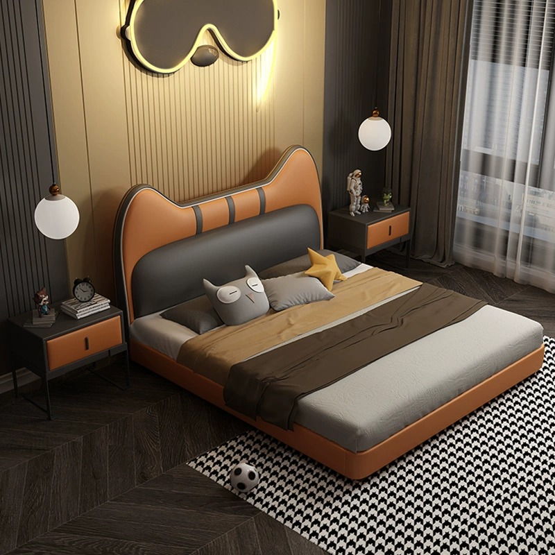 轻奢创意可爱猫头鹰真皮床现代简约男孩卧室1.5米实木拼接儿童床