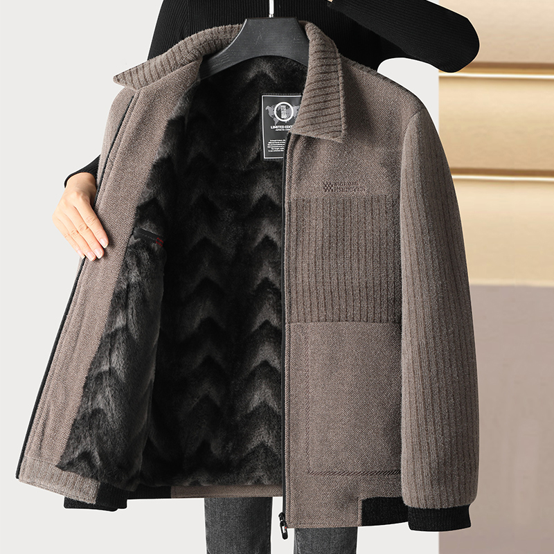 爸爸秋冬装呢子外套中年休闲夹克男加绒加厚保暖中老年雪尼尔棉衣