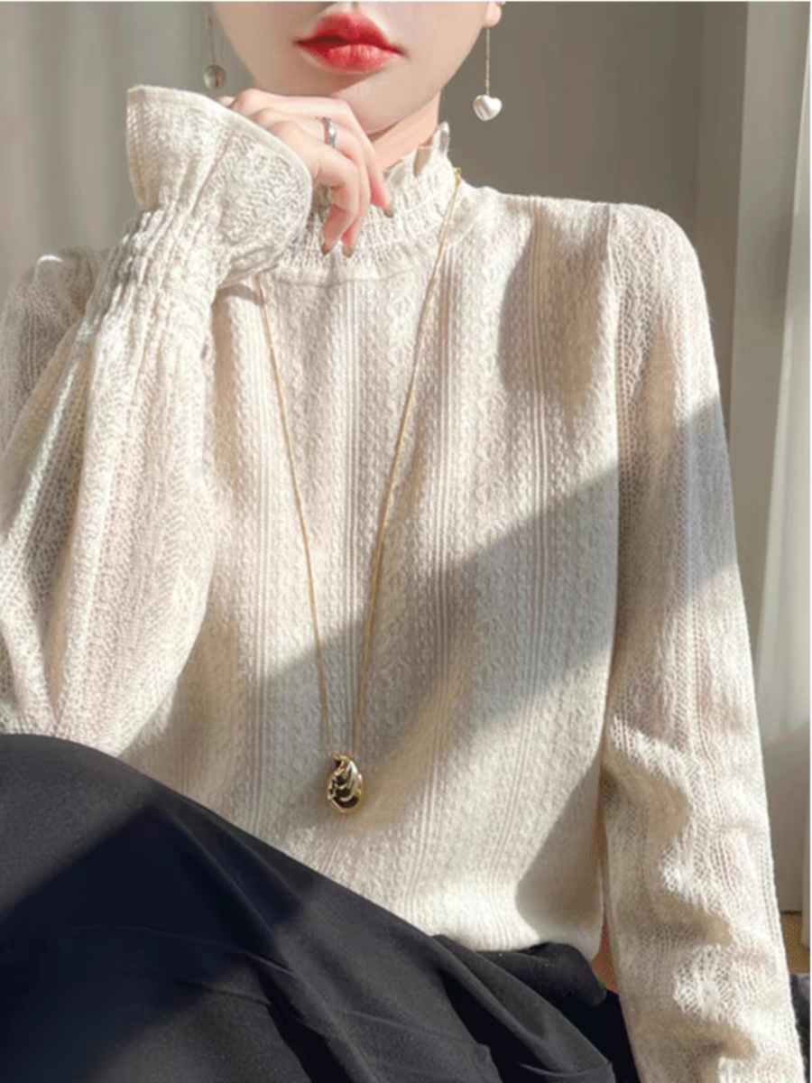 温柔感自留气质半高领蕾丝洋气提花打底长袖针织衫显瘦内搭上衣