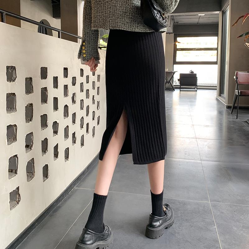 针织半身裙女2023新款秋冬季开叉a字直筒小个子中长版黑色包臀裙