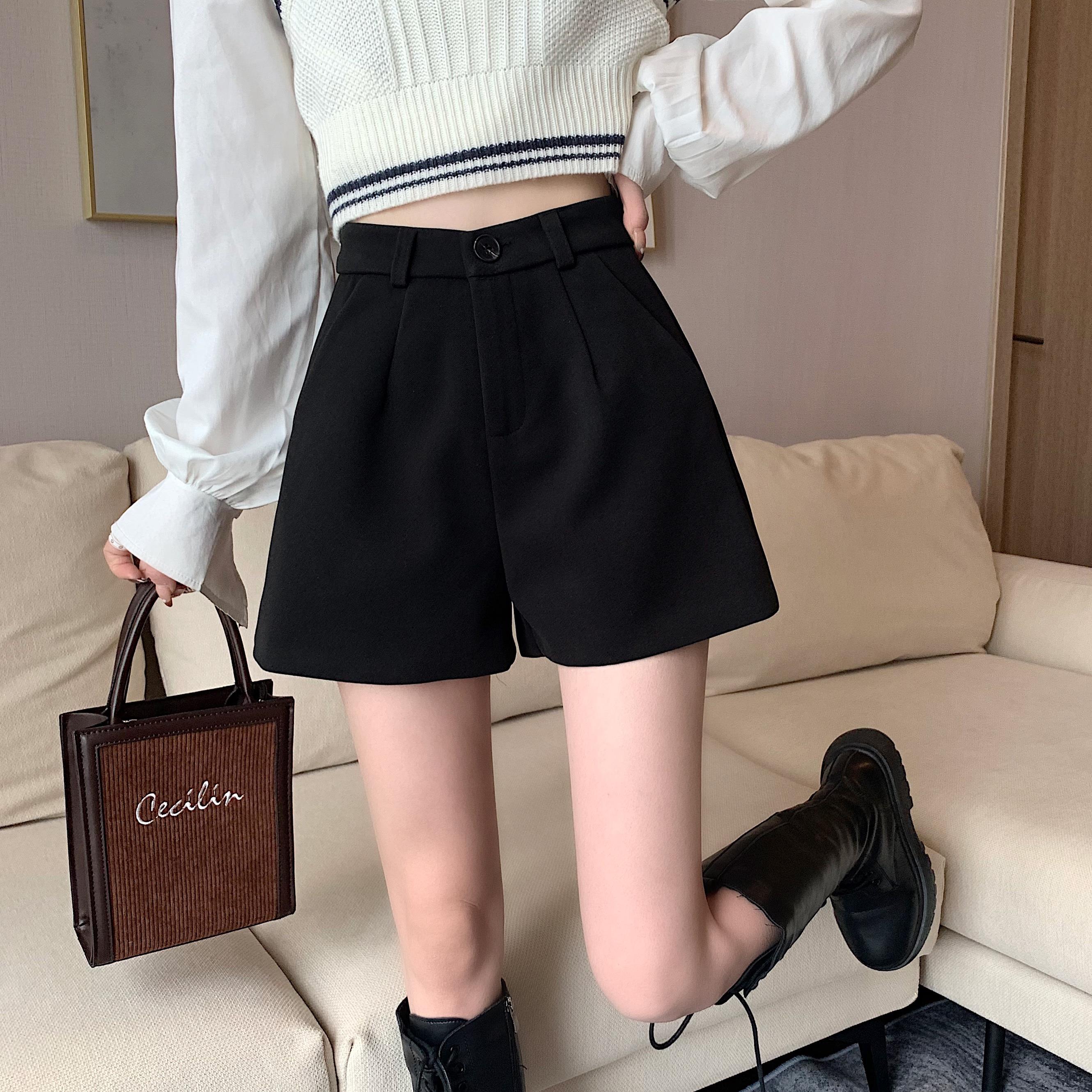 黑色短裤女秋冬2023新款毛呢靴裤显瘦高腰a字阔腿裤休闲直筒裤子