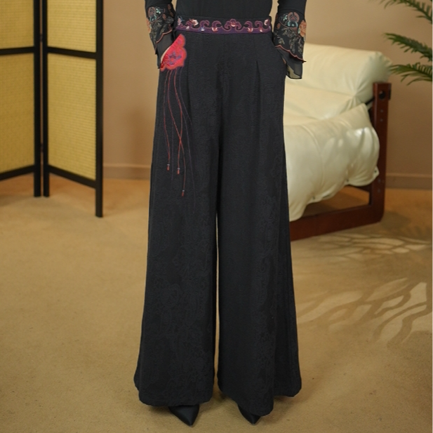 【花迹】新中式国风提花刺绣阔腿裤