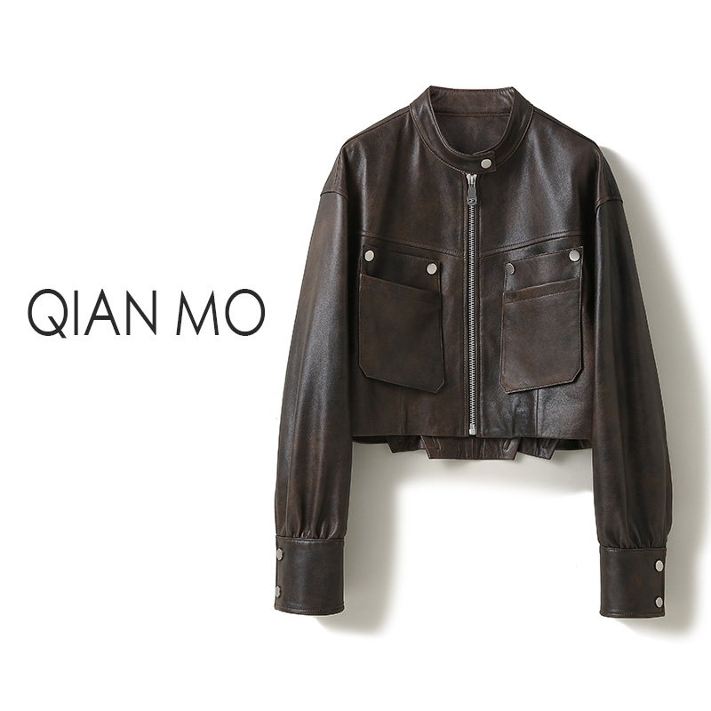 6D0683进口头层绵羊皮衣女外套春秋显瘦立领短款皮夹克秋季外套