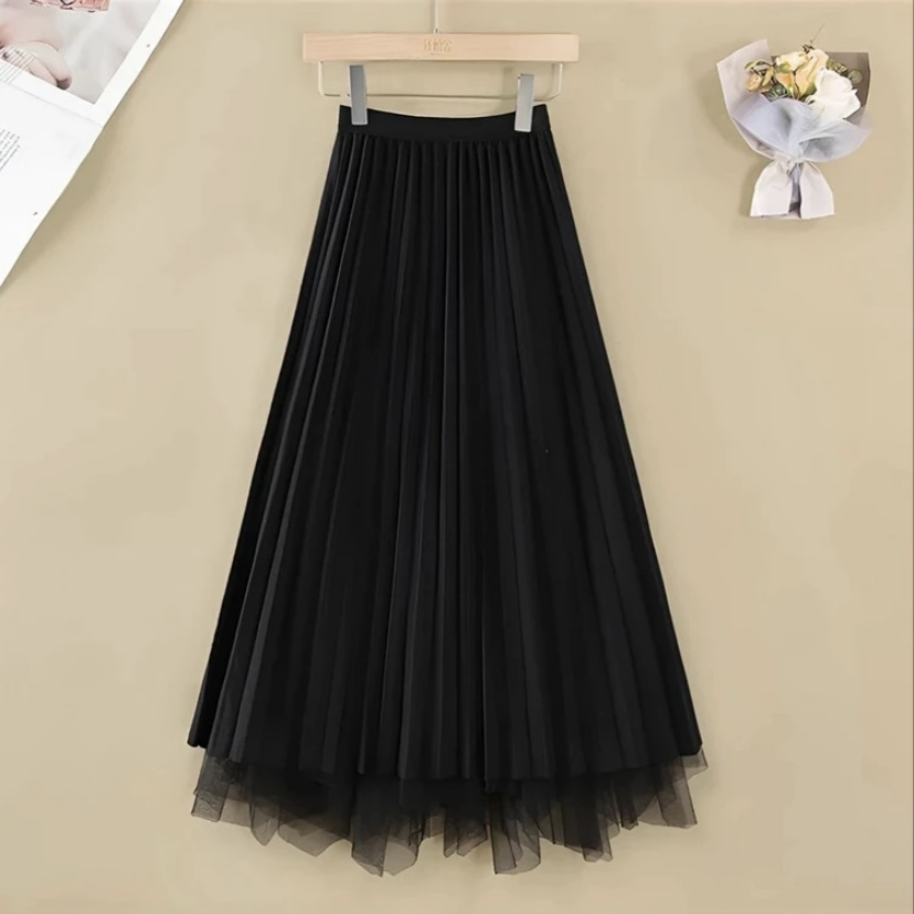 依琳 网纱裙显瘦半身裙女装垂感高腰A字小个子中长气质洋气百褶裙