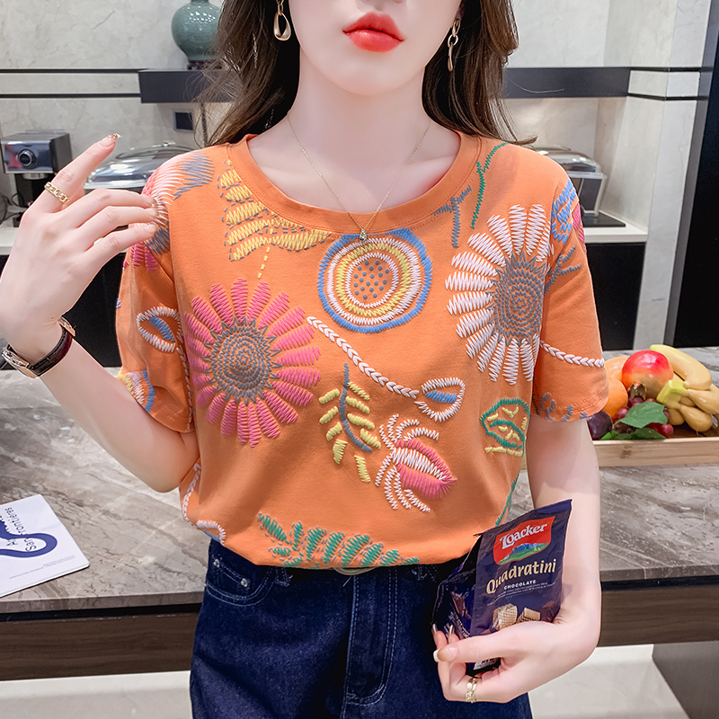 夏季薄款纯棉短袖t恤女橘色上衣2025年新款宽松显瘦减龄体恤百搭