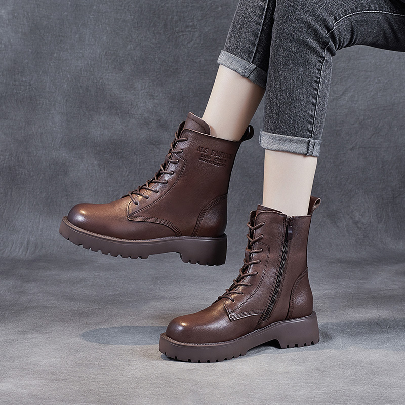 全头层牛皮系带中筒浙江温州真皮手工女靴冬季粗跟马丁靴秋冬加绒