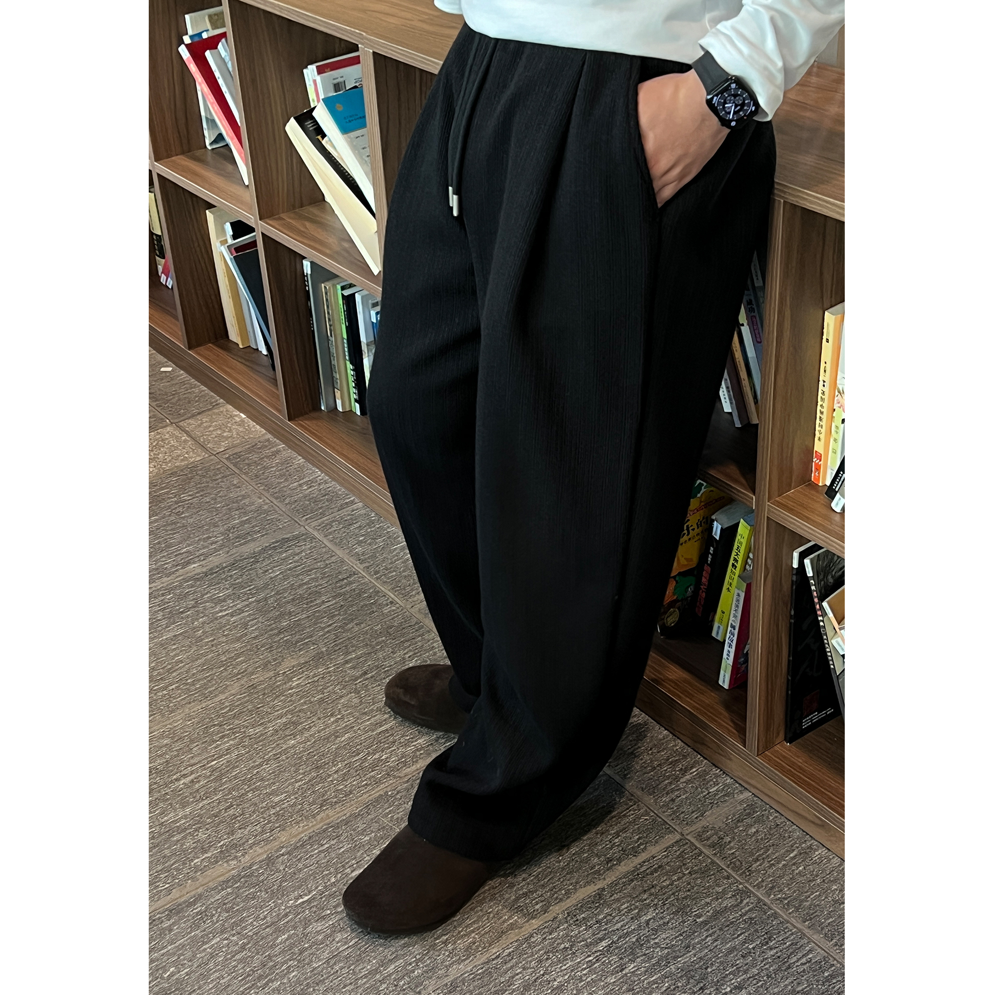 SHIDO 特～【条形毛料】男秋冬松紧腰直筒休闲打褶休闲裤直筒宽松