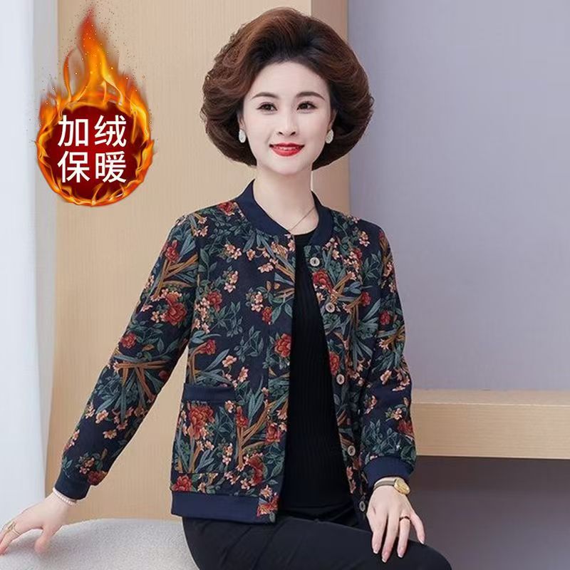 妈妈秋冬装加绒碎花短款外套2025新款秋季大码中老年女装棉袄上衣
