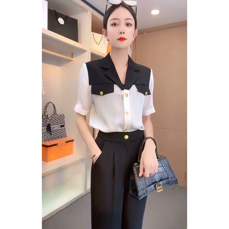 X7583【新款】黑色轻熟风小众设计感职业衬衫＋休闲西裤时尚套装