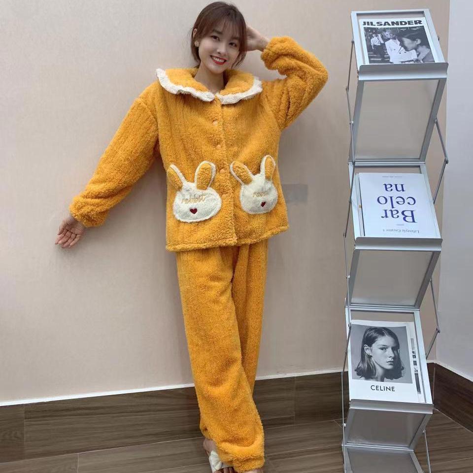 法兰绒女士睡衣冬季毛毛加厚加绒保暖娃娃领外出家居服大码套装