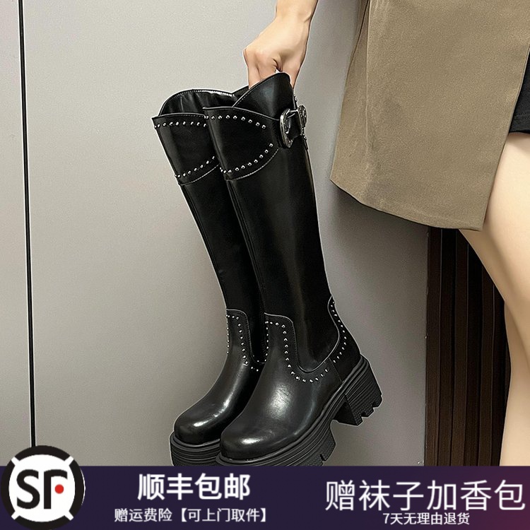 大东瑟黑色复古时尚百搭靴铆钉粗跟膝靴子高筒骑士靴厚底长筒靴女