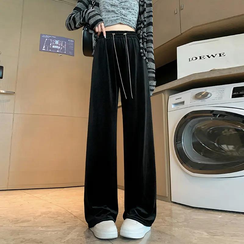 金丝绒阔腿裤女秋冬新款高腰垂感直筒裤小个子拖地休闲裤加绒裤子