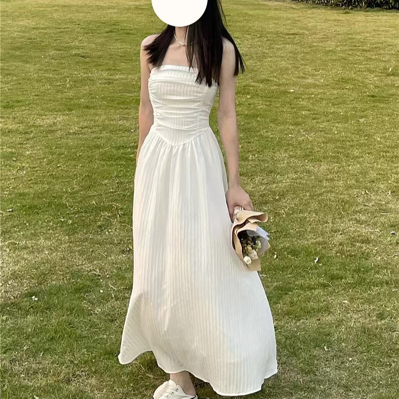 褶皱收腰显瘦气质抹胸长裙子连衣裙A字裙女夏季2024新款中长款