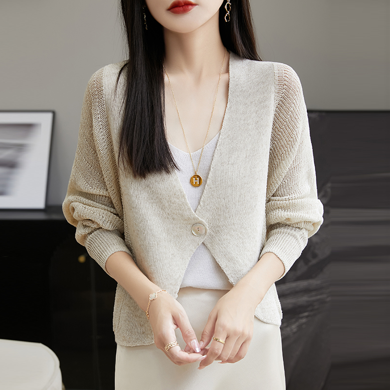 天丝亚麻外搭开衫薄款女V领宽松慵懒镂空针织外套新款夏季空调衫