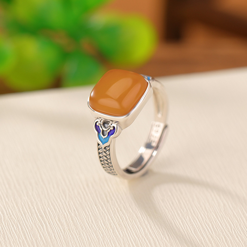 S925银戒指镶嵌蜜蜡复古做旧国潮景泰蓝如意方形戒指编织指环