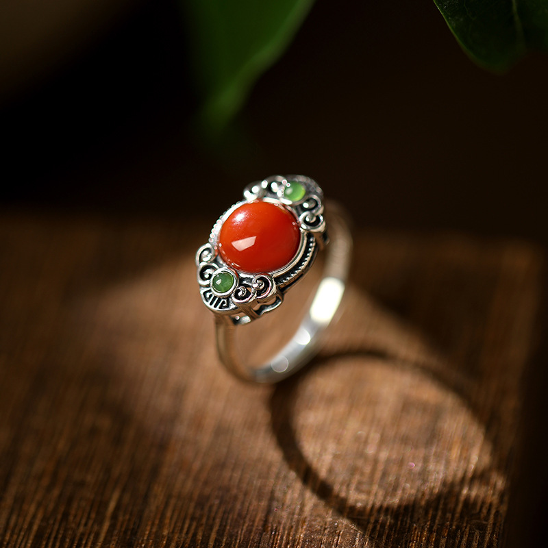 MercatorS925银南红玛瑙银戒指女士时尚国风民族风指环祥云女款