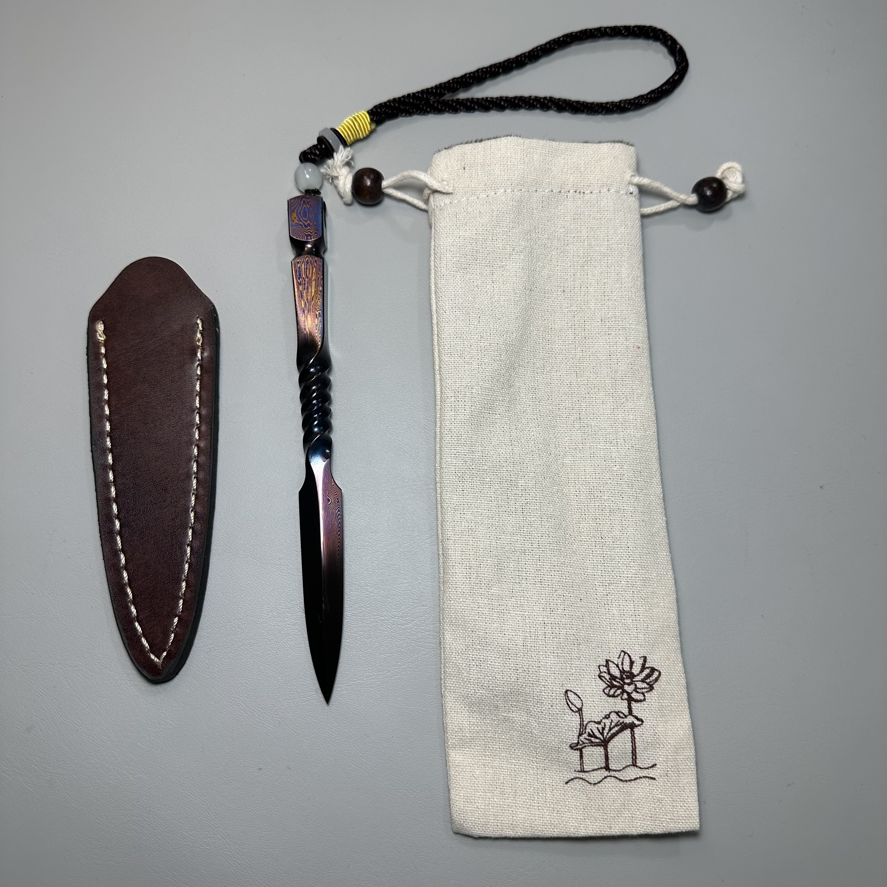 龙泉手工茶针百炼花纹钢手工折叠锻打茶刀茶锥一体牢固硬度高器具