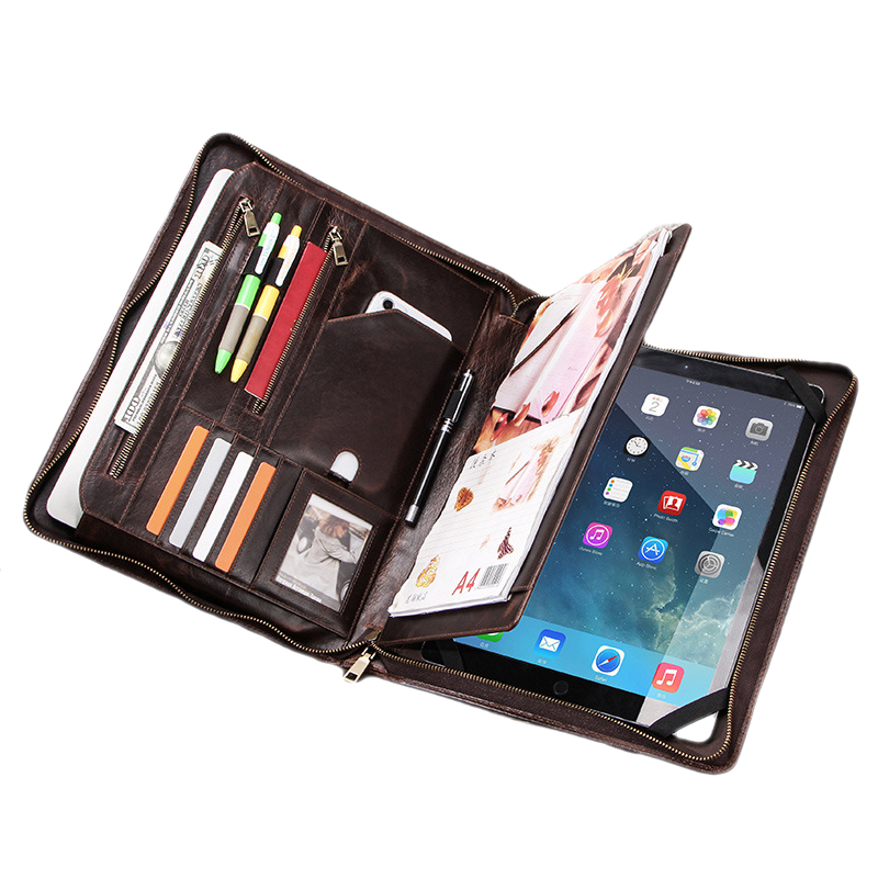 适用ipad pro 12.9 2021保护套疯马皮拉链手提多功能a4纸iPad皮套