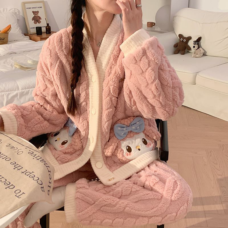 珊瑚绒睡衣女秋冬新款加绒加厚可爱学生外穿开衫家居服2023大码
