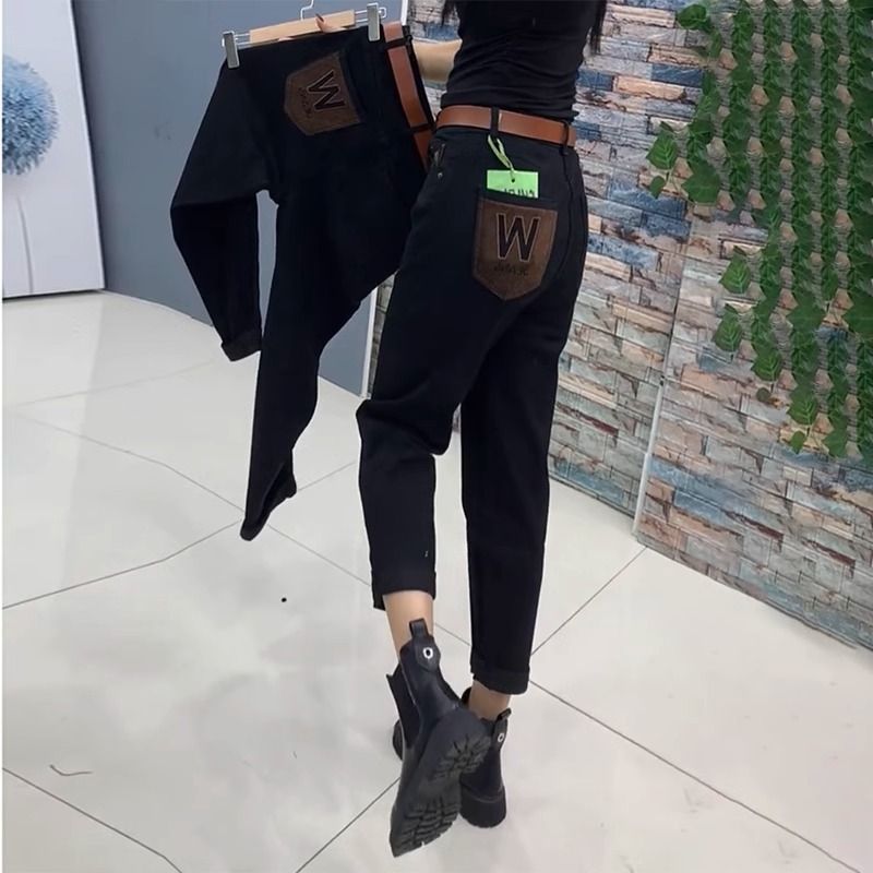 休闲哈伦黑色牛仔裤女秋季新款长裤大码胖mm高腰显瘦老爹裤AA