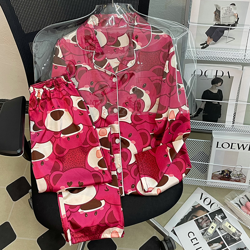 新款网红高品质可爱草莓熊睡衣女春秋丝滑长袖开衫家居服套装2023