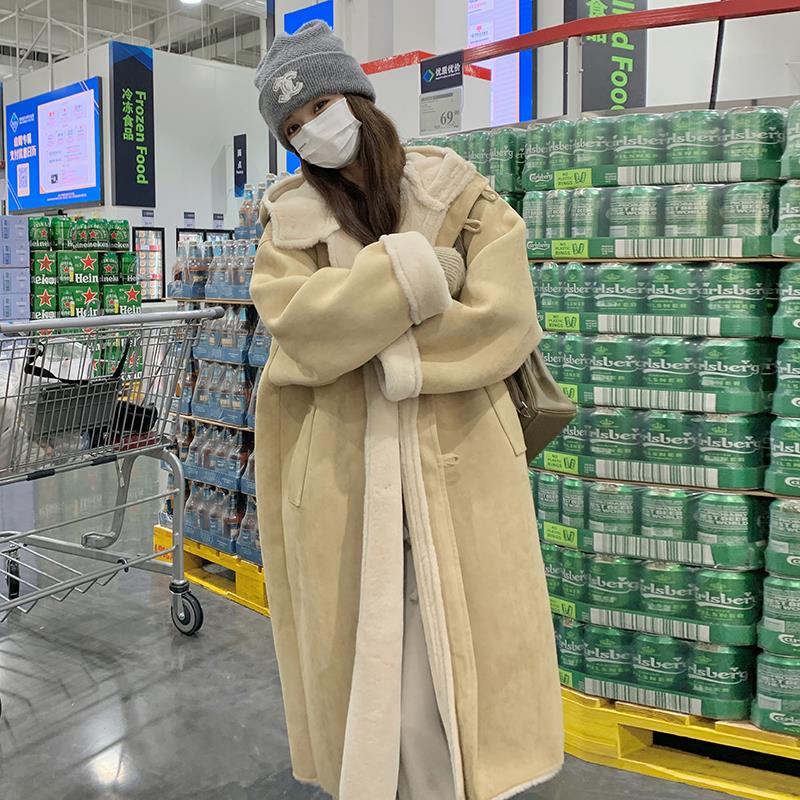 皮毛一体大衣女2023冬新款加绒加厚连帽中长款宽松棉服外套