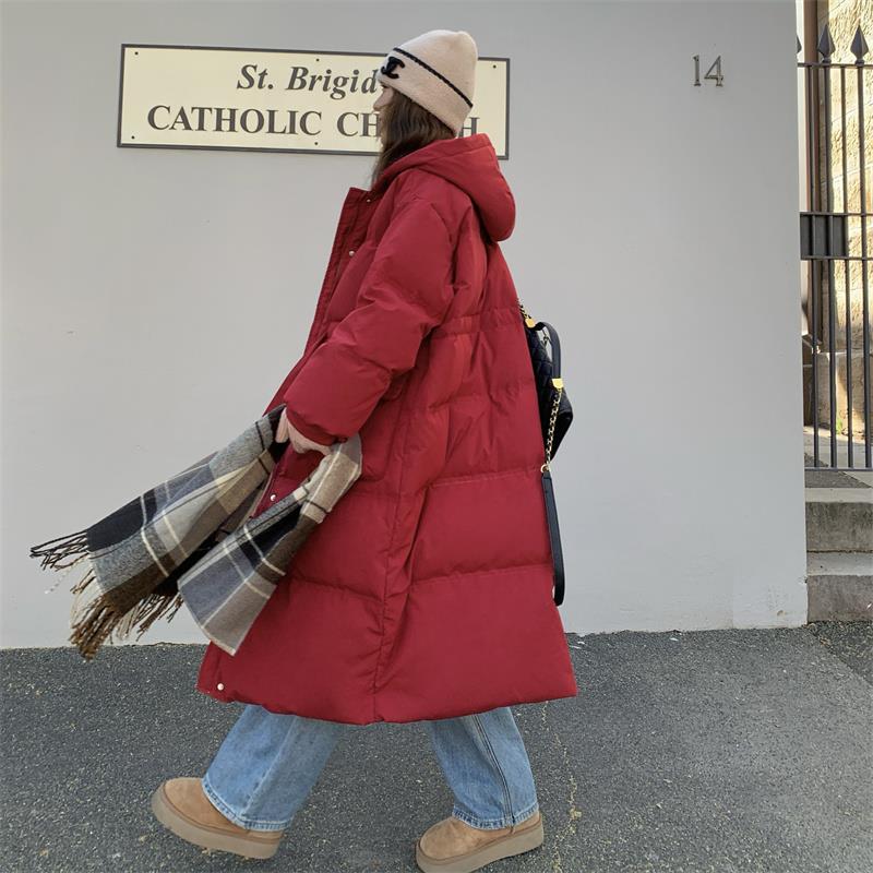 中长款红色棉服女冬2023新款爆款炸街设计感小众加厚棉衣棉袄