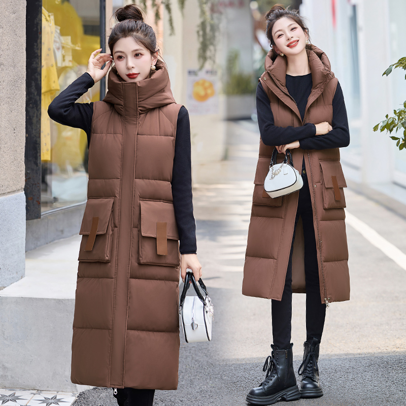 大长款过膝棉马甲女冬季新款棉马夹连帽修身显瘦护腿棉坎肩背心女