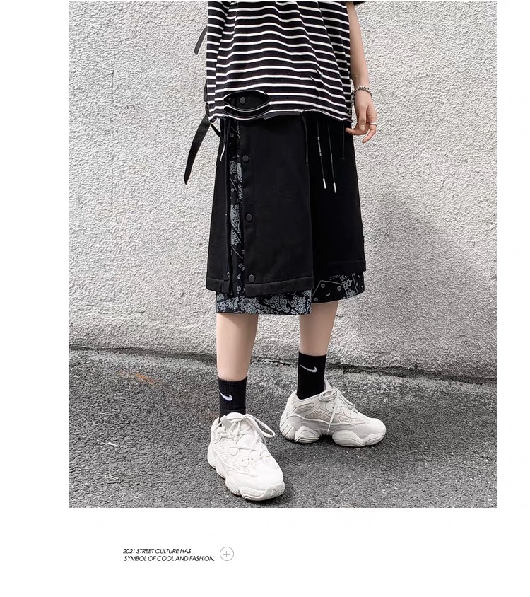 夏季腰果花排扣短裤男宽松潮流高街美式五分裤子休闲复古拼接133