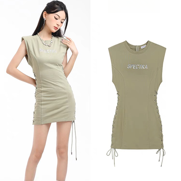 无袖侧边绑带运动连衣裙修身显瘦字母印花辣妹裙女休闲夏季139