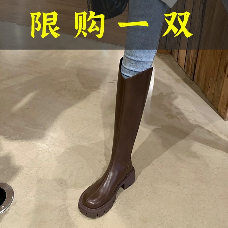 百丽存爱~敲显瘦长筒V口增高显瘦厚底粗跟不过膝高筒骑士长靴女
