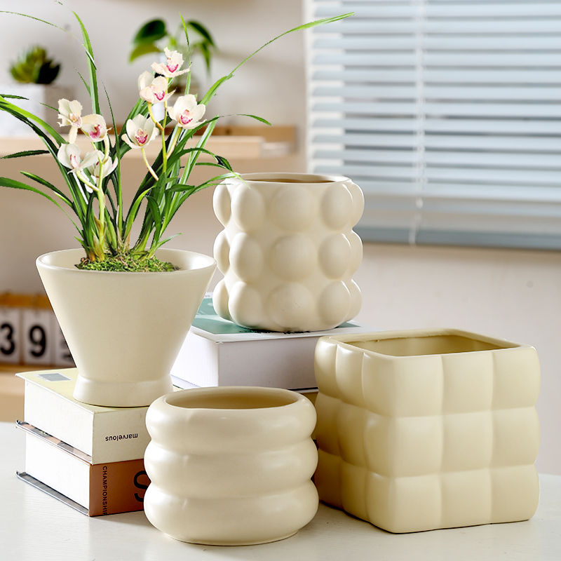 花盆陶瓷带托盘家用高颜值ins风轻奢高级感奶油风多肉花盆蝴蝶兰