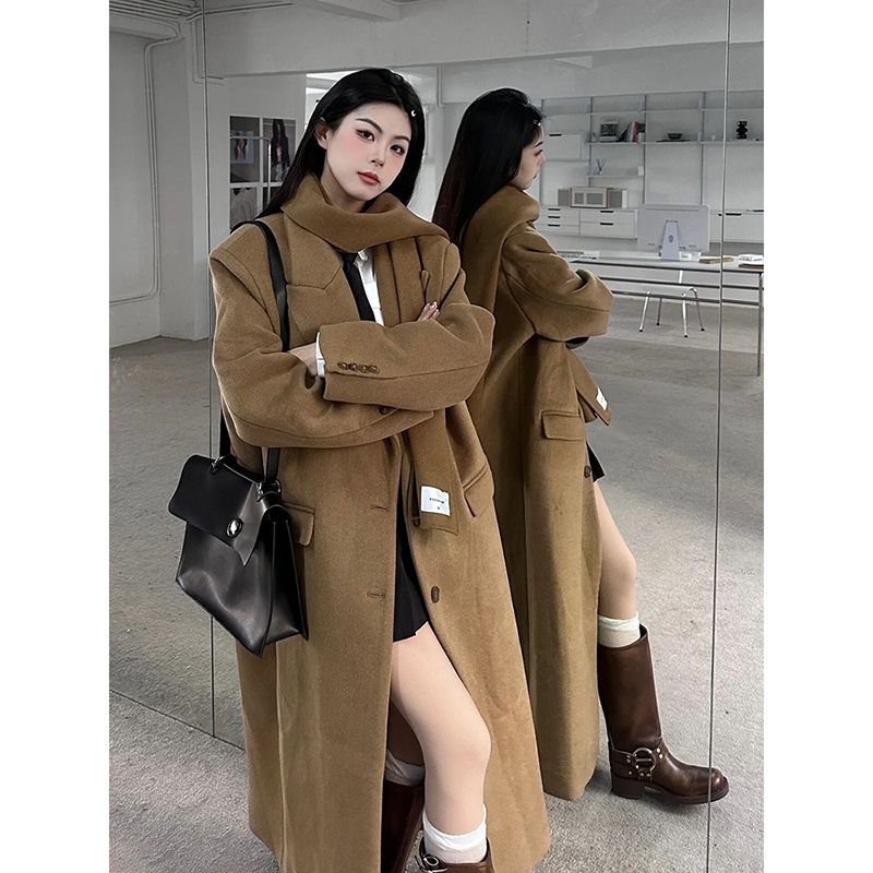 棕色呢子大衣女秋冬新款韩系小个子高级感赫本风气质复古毛呢外套
